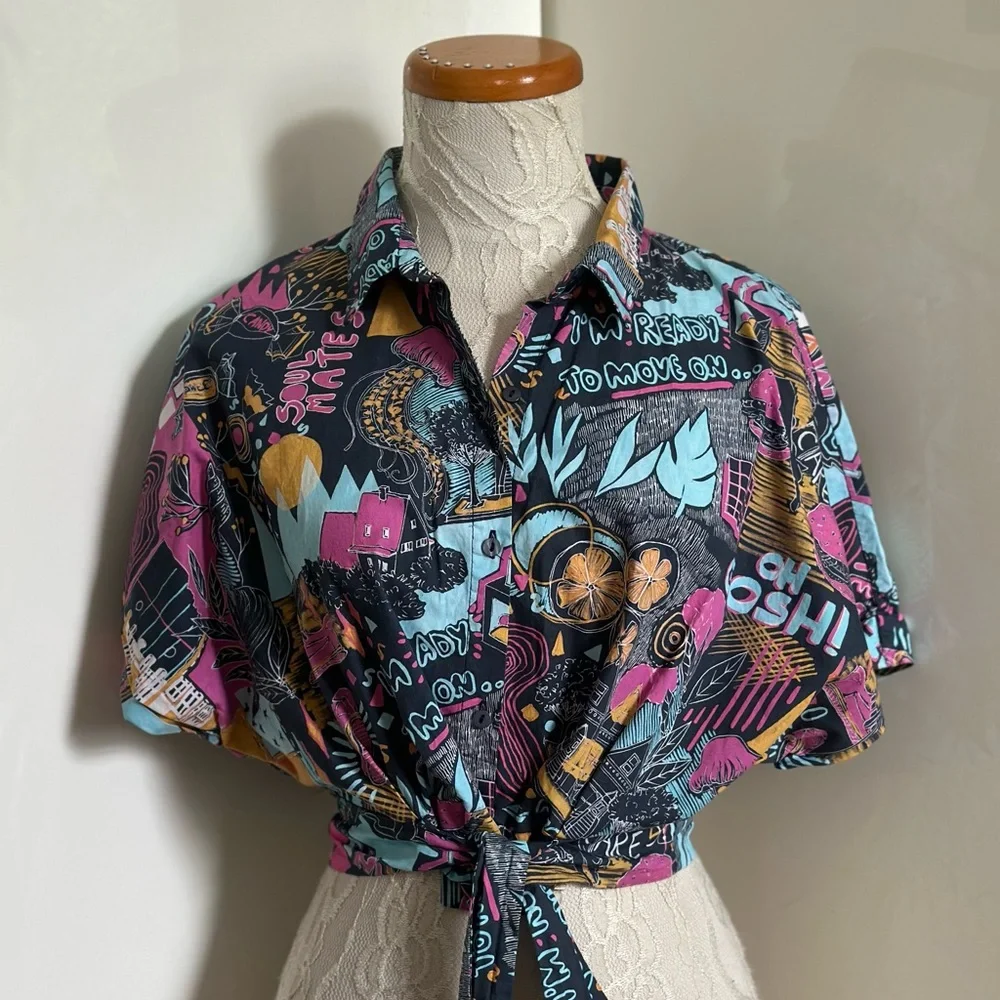 Zara Cropped Tie Front Graphic Button Down Shirt sz S - Picture 2 of 9